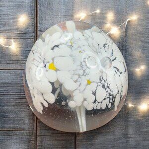 Vintage 1980s Dome Glass Paperweight Figurine Clear With White Flowers Inside